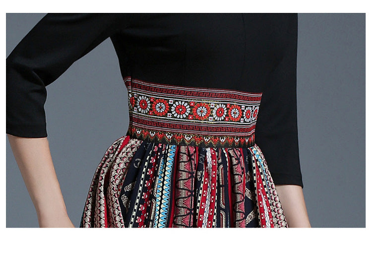 Ladies Retro Printed Color Block Embroidered Waist Seal V-neck High Waist Dress