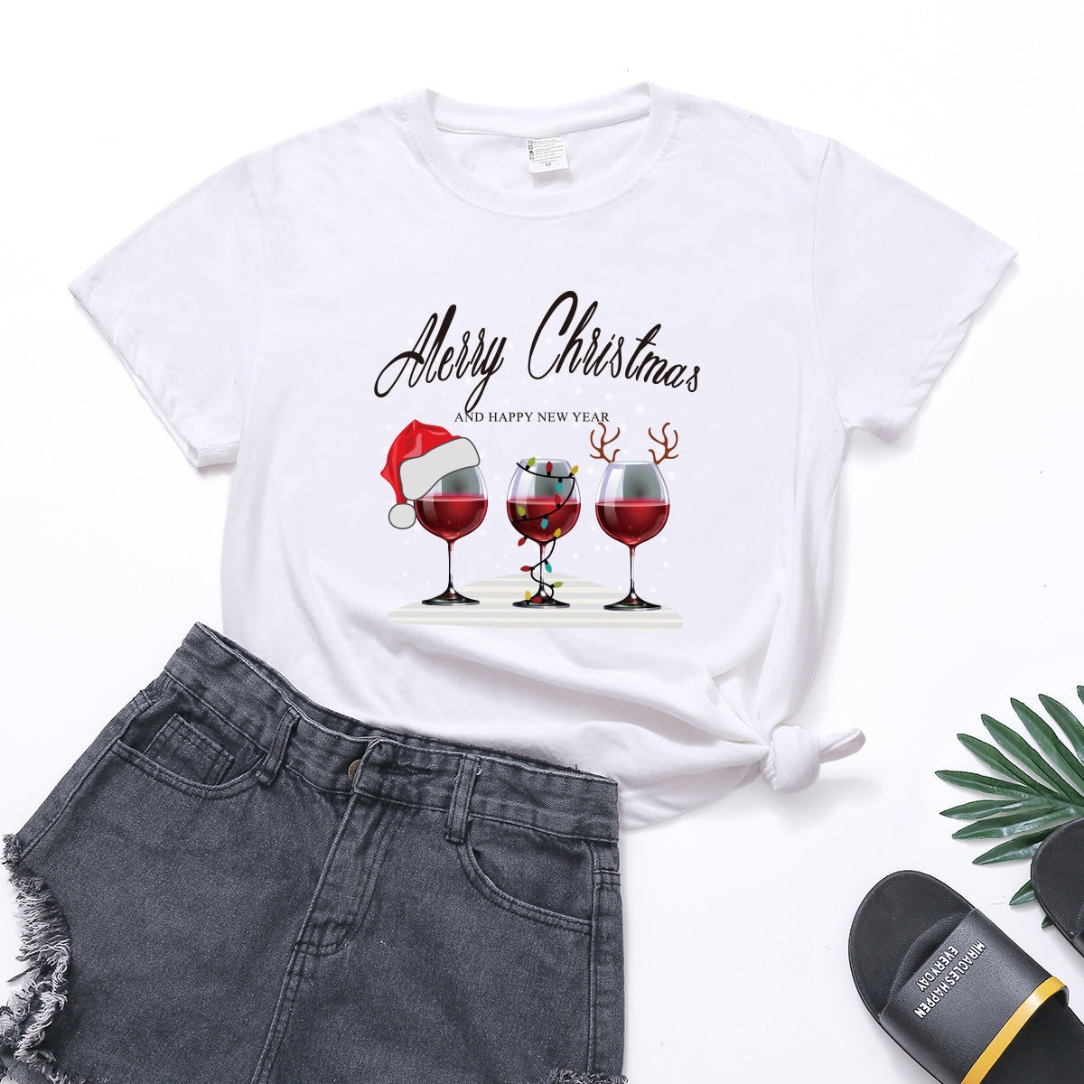 Christmas Three Wine Glasses Print Short Sleeve