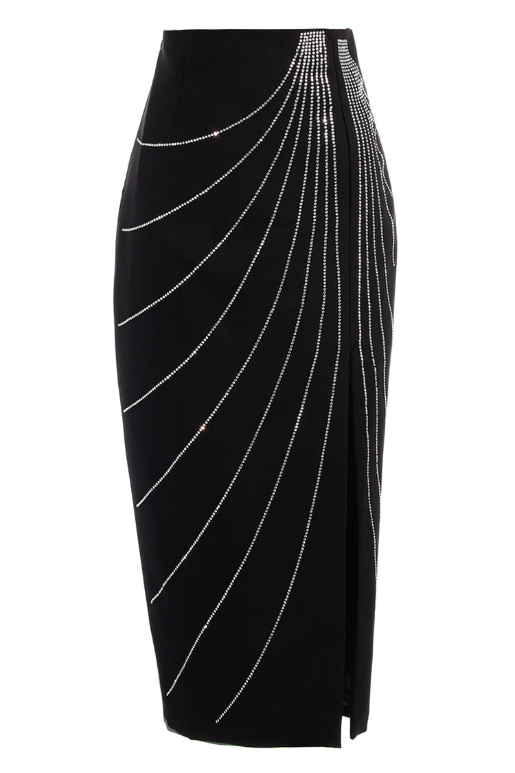 Hot Rhinestone Asymmetric Side Slit Temperament Ladies Style Skirt