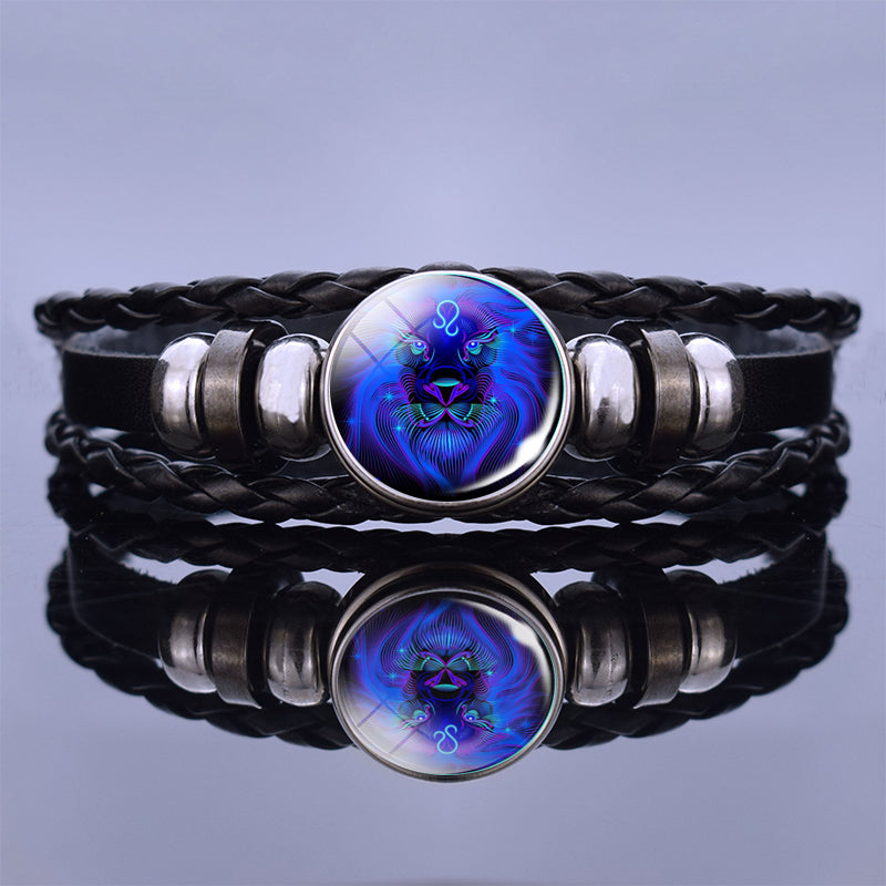 Luminous Twelve Constellation Couple Bracelet Imitation Black Leather Bracelet