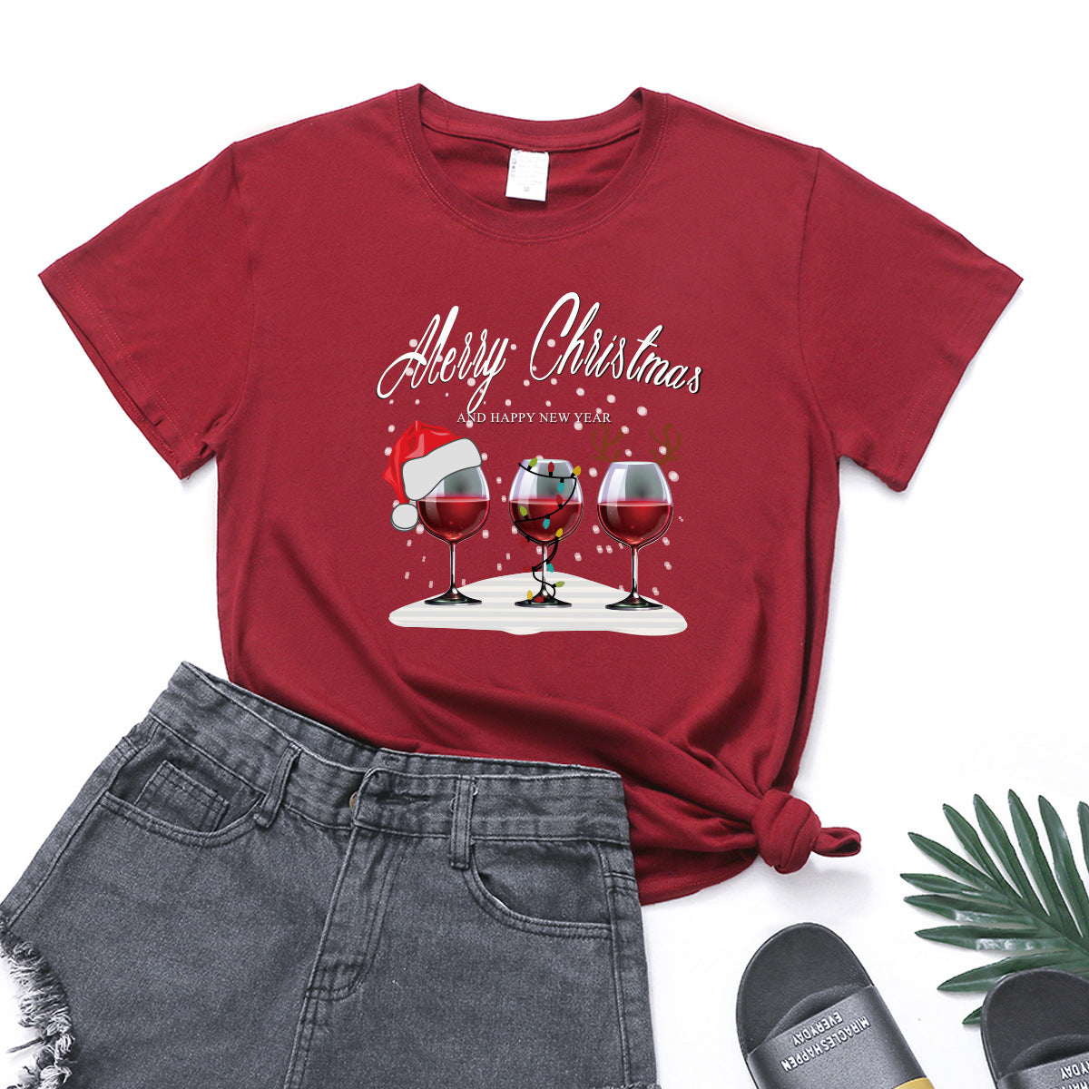 Christmas Three Wine Glasses Print Short Sleeve