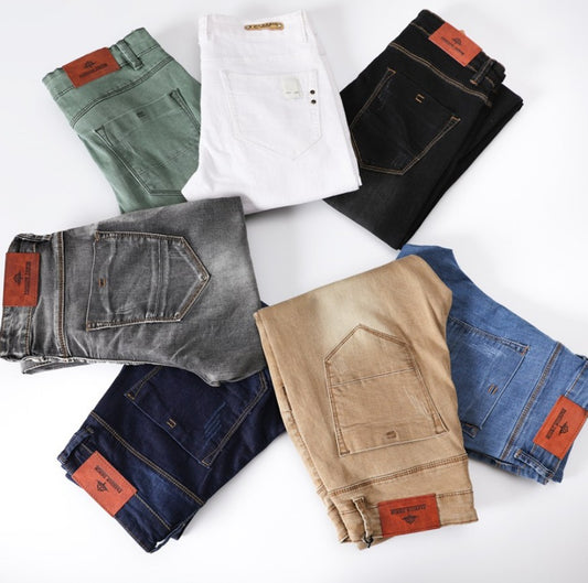 Men's Denim Trousers Solid Color Slim Casual Retro