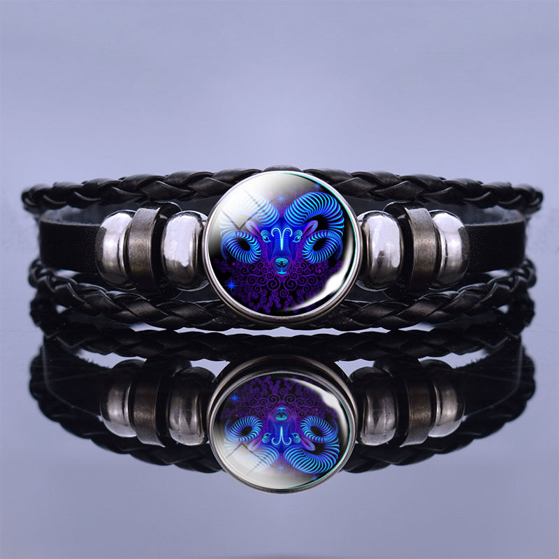 Luminous Twelve Constellation Couple Bracelet Imitation Black Leather Bracelet