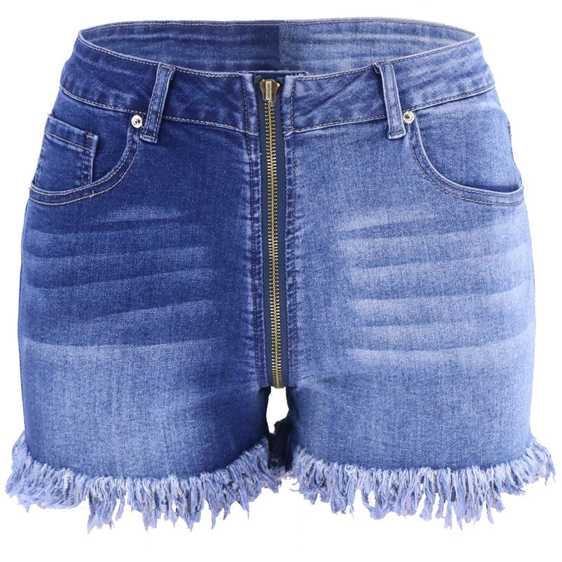 Summer Long Zipper Slimming High Waist Denim Shorts