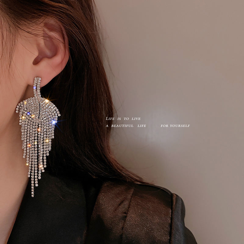 Silver Needle Diamond Leaf Tassel Earrings Fashion