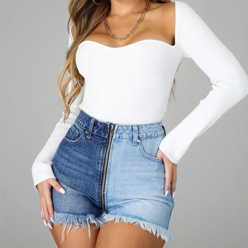 Yin And Yang Color Long Zipper Summer Slim High Waist Denim Shorts