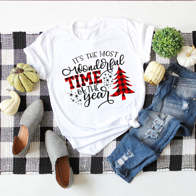 Christmas Print Round Neck Short Sleeve Women's T-shirt