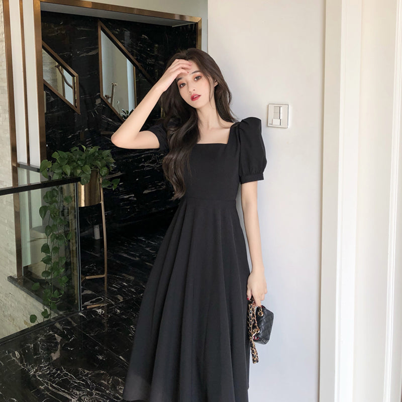 French Retro Long Skirt Temperament Waist Waist Square Collar Dress Women