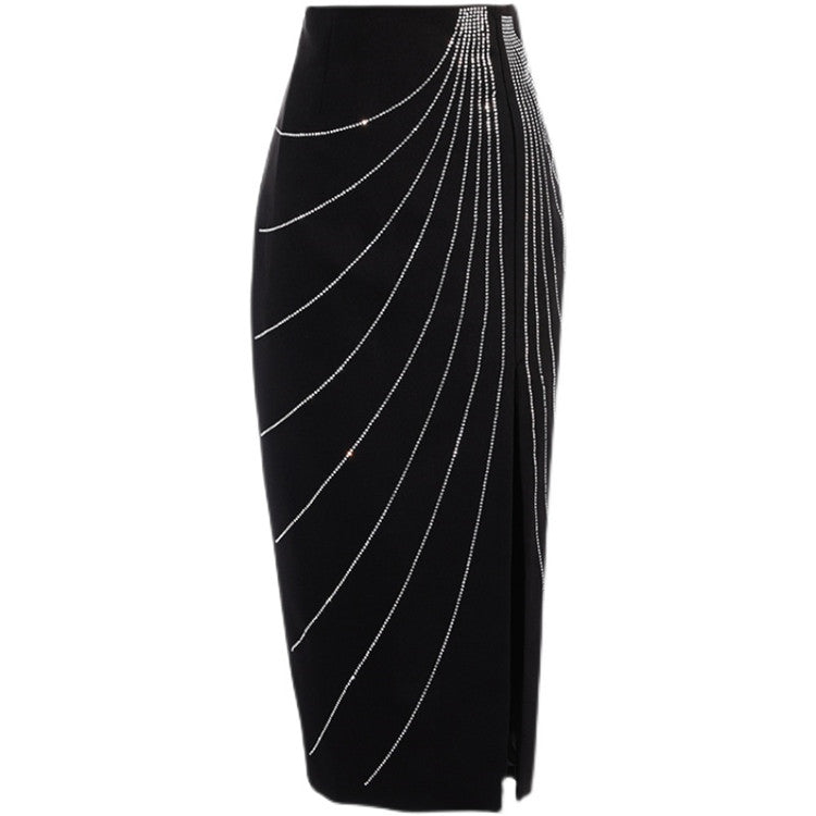 Hot Rhinestone Asymmetric Side Slit Temperament Ladies Style Skirt