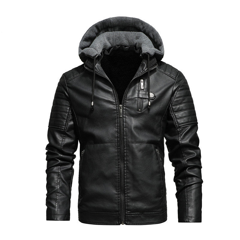 European And American Men's Hooded Fashion Plus Velvet Warm Leather Jacket