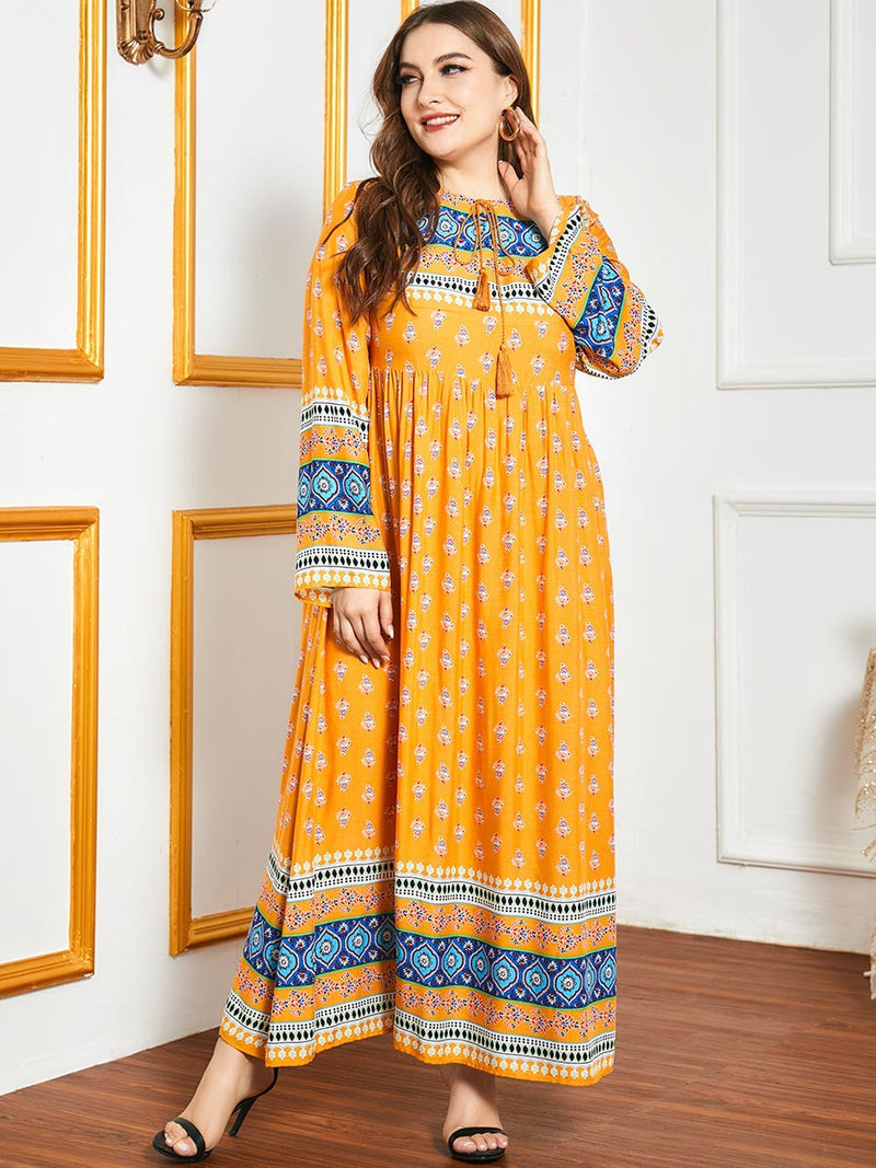 Women's yellow printed long-sleeved waist floral dress