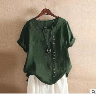 Retro Plus Size Casual Loose Cotton And Linen Short-sleeved Pullover T-shirt
