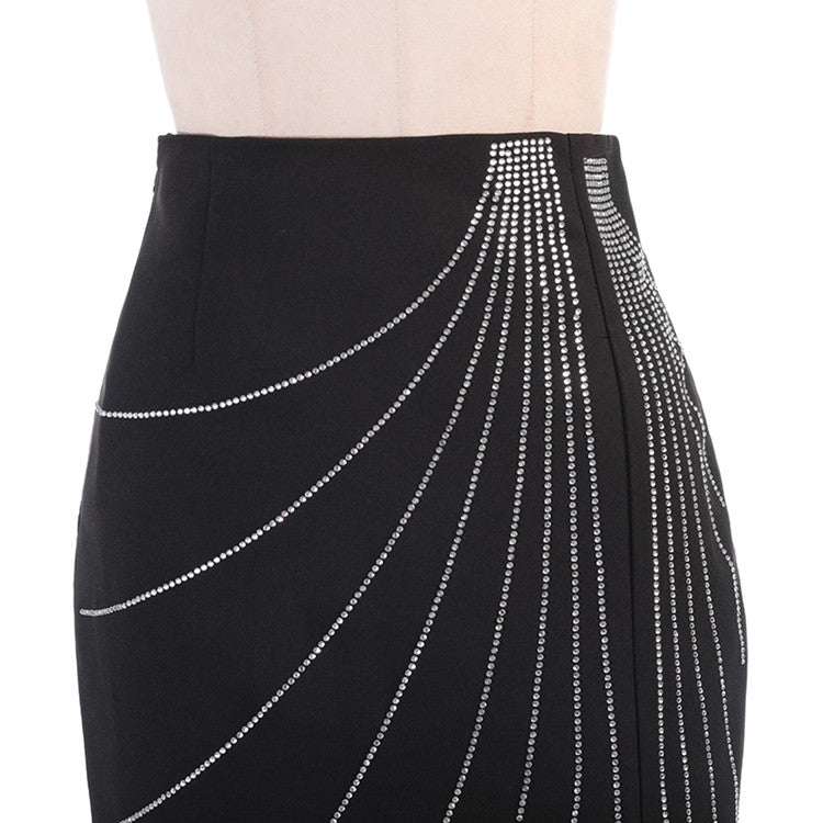 Hot Rhinestone Asymmetric Side Slit Temperament Ladies Style Skirt