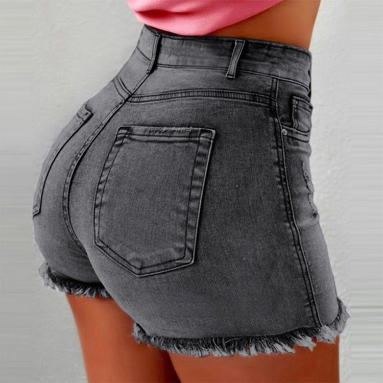 Women's Denim Shorts Fringed Hole High Waist Hot Pants