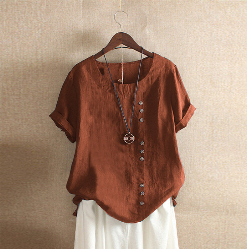 Retro Plus Size Casual Loose Cotton And Linen Short-sleeved Pullover T-shirt