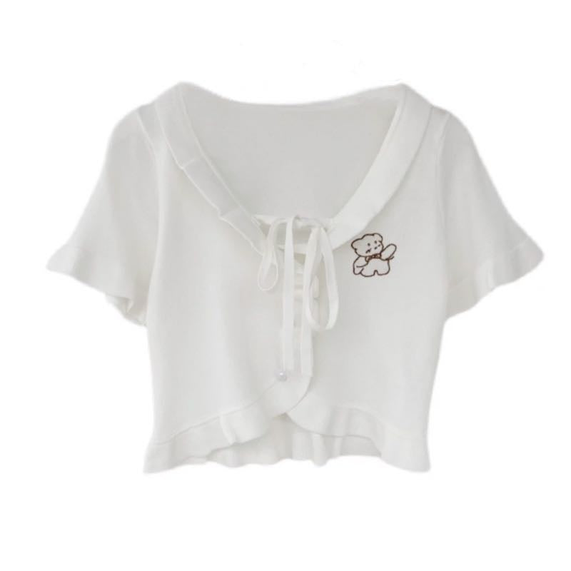 Cute Bear Embroidered Ruffled Soft Knitted Short-sleeved Crop Top