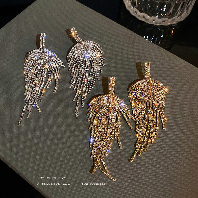 Silver Needle Diamond Leaf Tassel Earrings Fashion