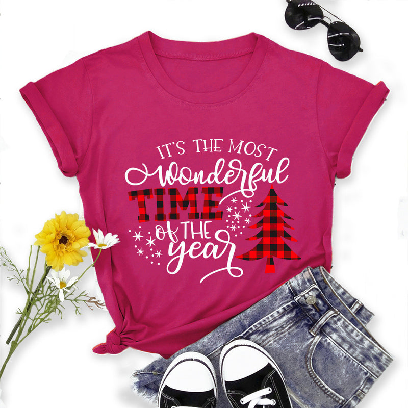 Christmas Print Round Neck Short Sleeve Women's T-shirt