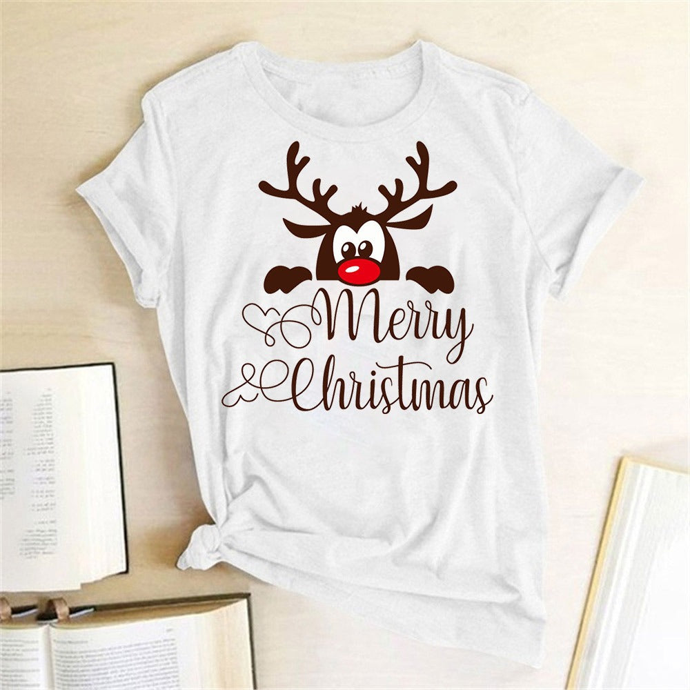 Ladies Fashion Elk Print T Shirt Short Sleeve